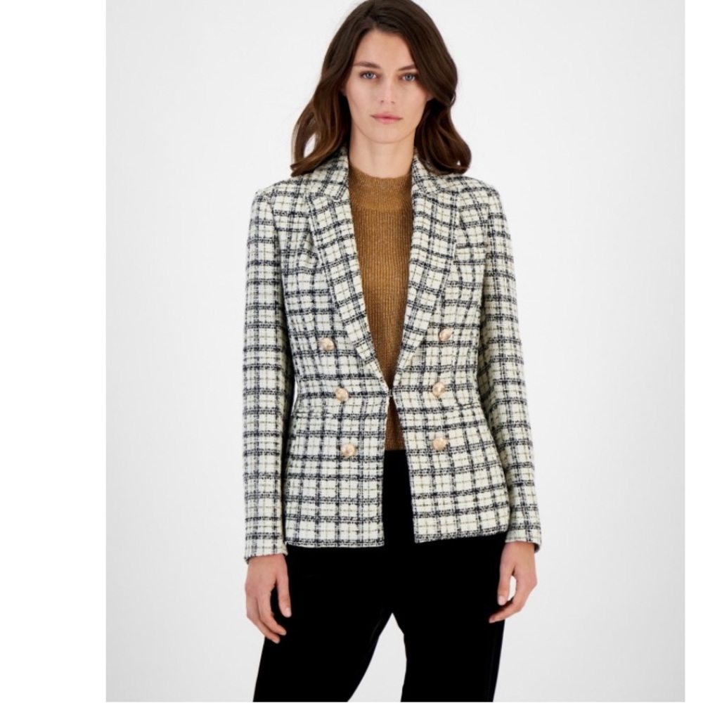 Tahari ASL Double Breasted Black Cream Checkered Tweed Blazer